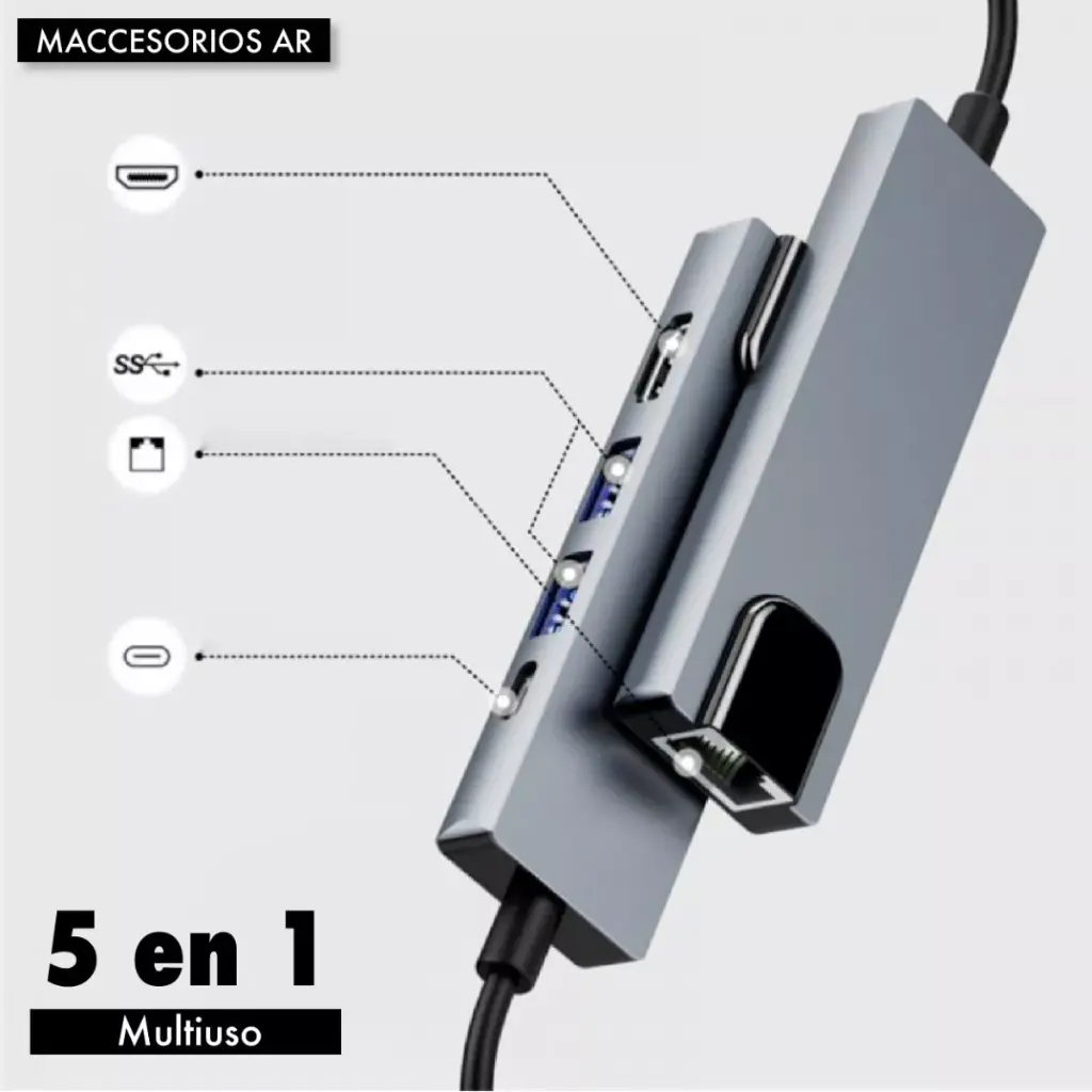 Adaptateur TYPE C MALE TO HDMI 5IN1 (LAN/TYPE C/2*USB3.0/HDMI)