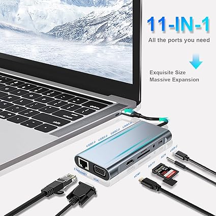 Adaptateuèr TYPE-C TO HDMI 11IN1 (LAN/TYPE C/SD CARD/X4 USB/AUDIO/HDMI/VGA)