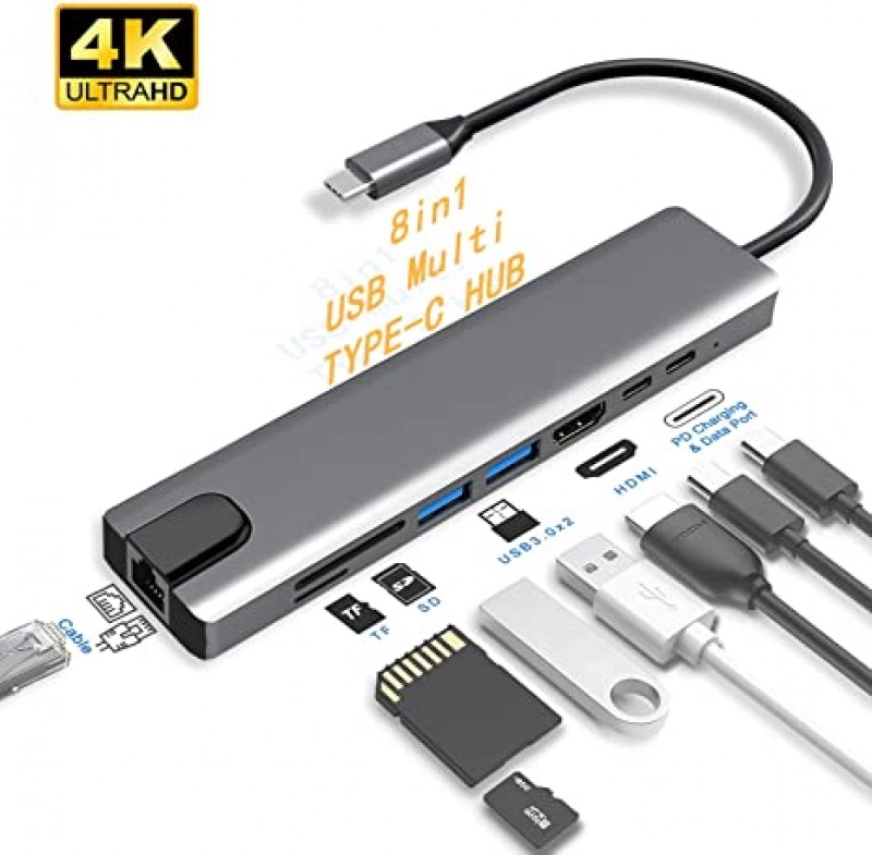 Adaptateuèr TYPE-C TO HDMI 8IN1 (LAN/TYPE C/2xUSB3.0/1xSD/1xHDMI/VGA)