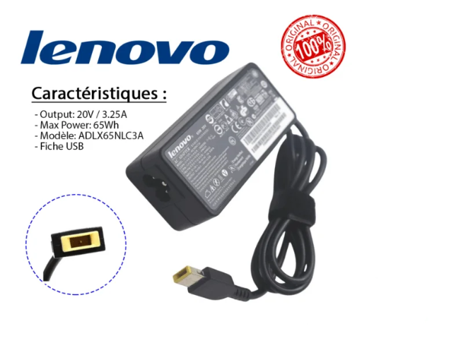 CHARGEUR LENOVO 20V/ 3.25A USB ORIGINALE