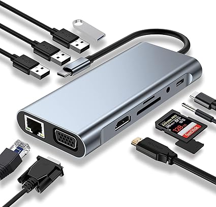 Adaptateuèr TYPE-C TO HDMI 11IN1 (LAN/TYPE C/SD CARD/X4 USB/AUDIO/HDMI/VGA)