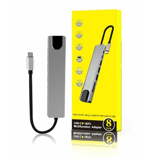 Adaptateuèr TYPE-C TO HDMI 8IN1 (LAN/TYPE C/2xUSB3.0/1xSD/1xHDMI/VGA)